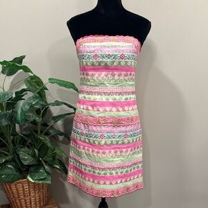 Lilly Pulitzer White Label Pink and Green Strapless Ribbon Dress